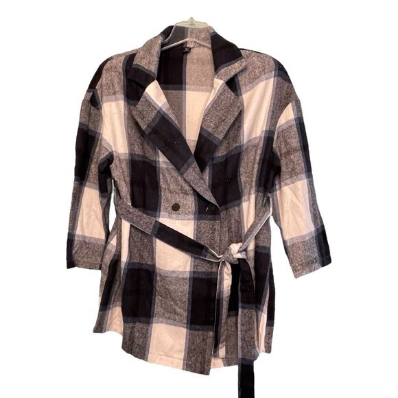 Shein Curve Buffalo Plaid Shacket Jacket Black White Blue Flannel Belted 3/4 Sle - Picture 1 of 6